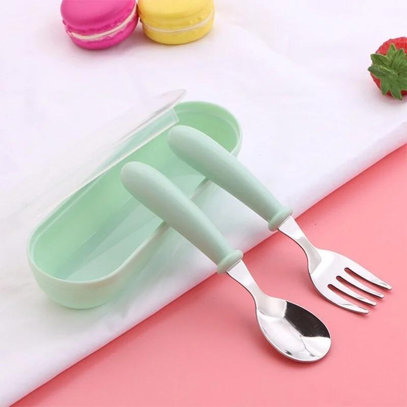 3pcs Children Spoon Forks Box Kids Stainless Steel Kids Cutlery Portable Baby Feeding Utensils Baby Spoons Baby Tableware Set