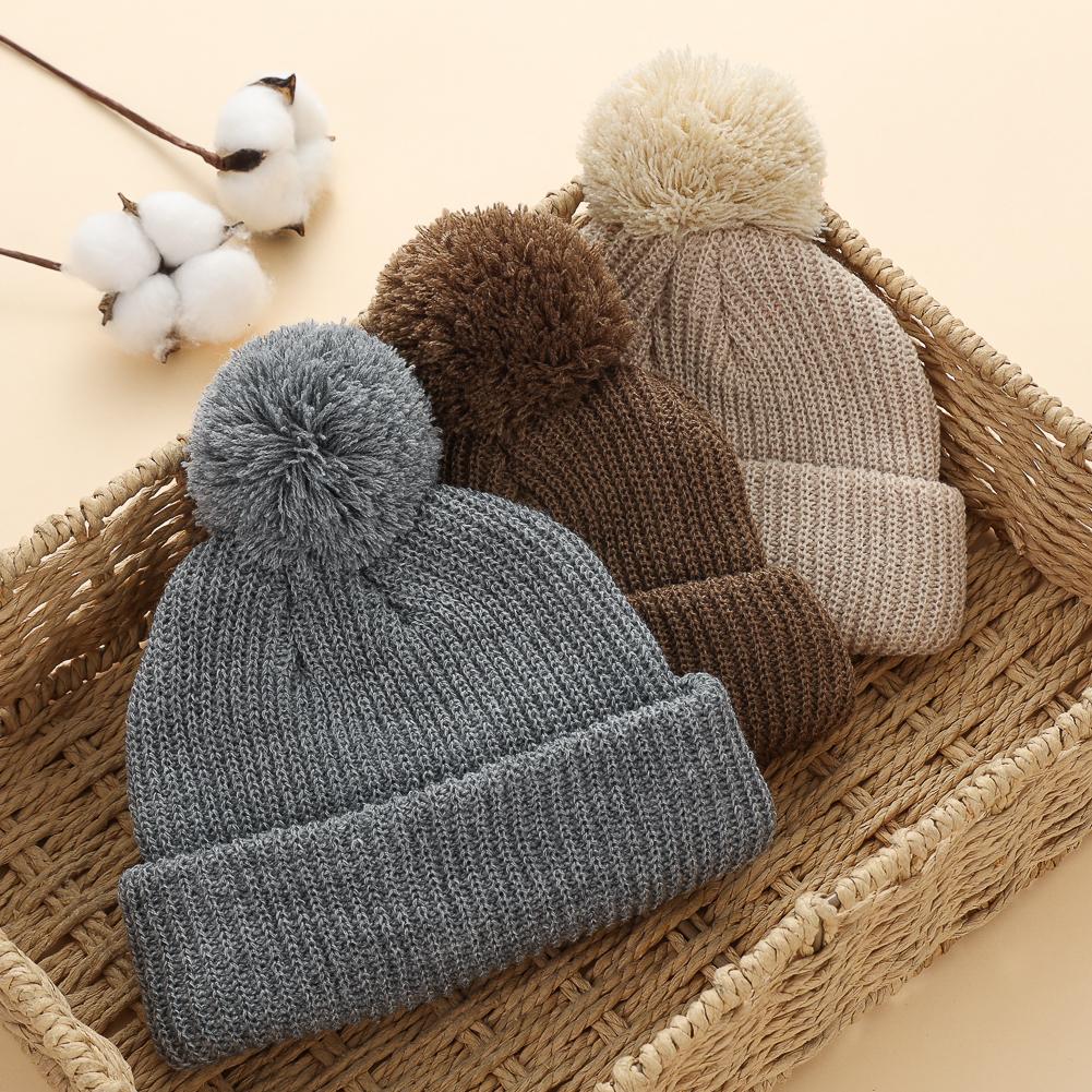 Solid Pom Knitted India Hats Infant 0-12M Boys Girls Folded Crochet Ins Fall Winter Warm Beanies Newborn Caps Headwraps