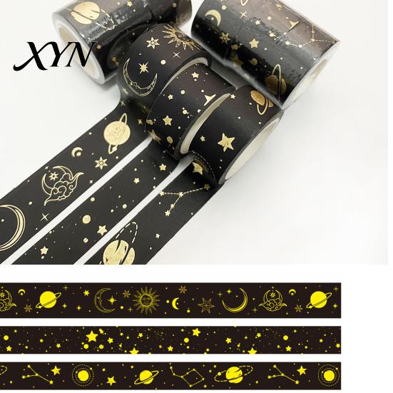 Adhesive Washi Tape 3 Rolls Golden Foil Tape, Retro Plaid Leaf Pattern Decorative Vintage Masking for DIY Crafts, Journal, Planner, Scrapbooking