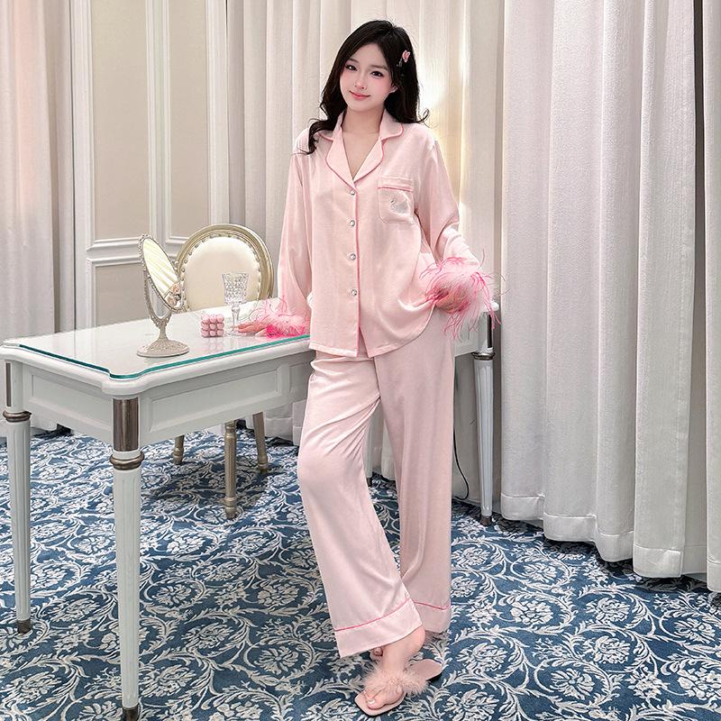 Women's Ice Silk Pajama Set: Long Sleeve, Floral Design, Luxury Imitation Silk for Spring and Autumn