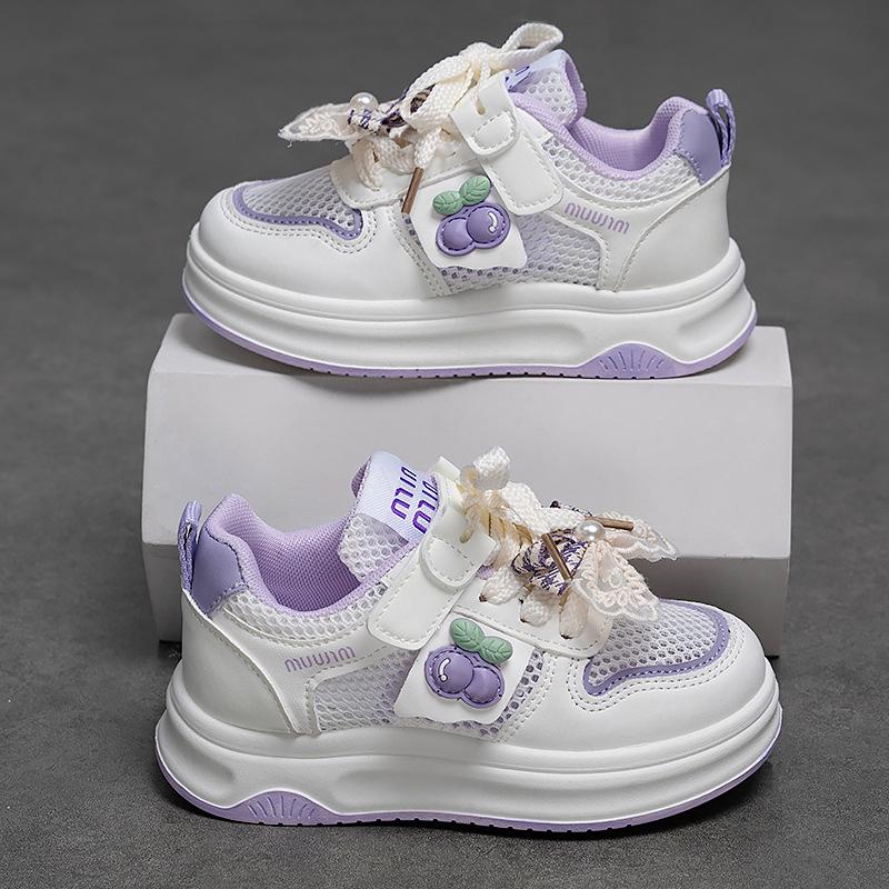 

2026 Spring Girls White Cherry Blossom Pearl Bow Platform Shoes - Cute & Casual for Primary School 32-37 set of 6