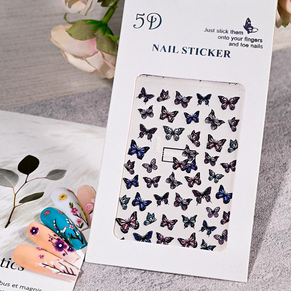 1sheet 5D Embossed Butterfly Nail Art Stickers Purple Butterflies/Floral Nail Art Decals Self-Adhesive Rose Flower Manicure Diy