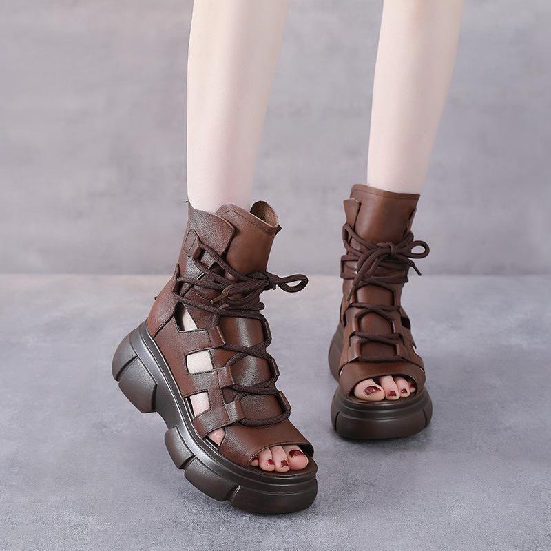 Fashion 6.5CM Retro Genuine Leather Open Toe Sandals Women Summer Platform Increasing Hollow Back Zipper High Top Casual Sandals Black