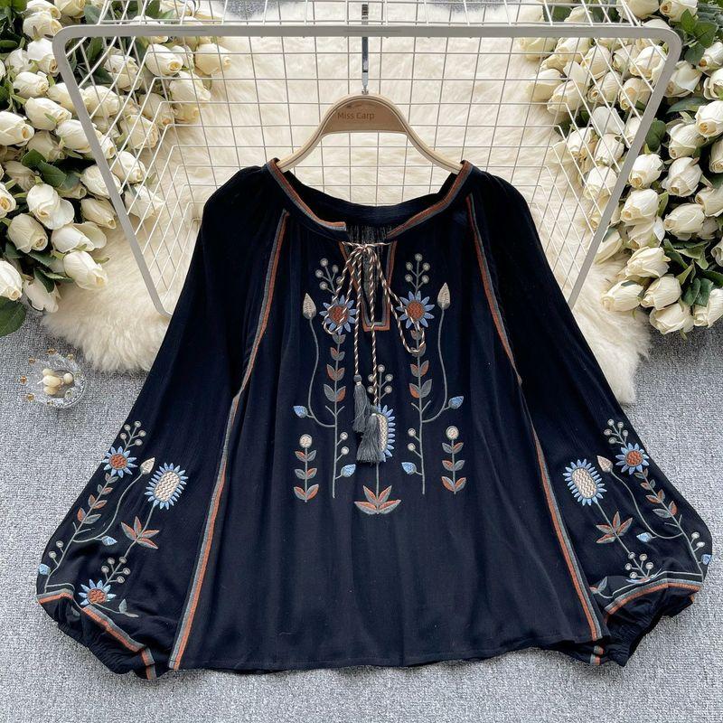 

Bohemia Lantern Sleeve Loose Slim Fit Retro Shirt Black One size