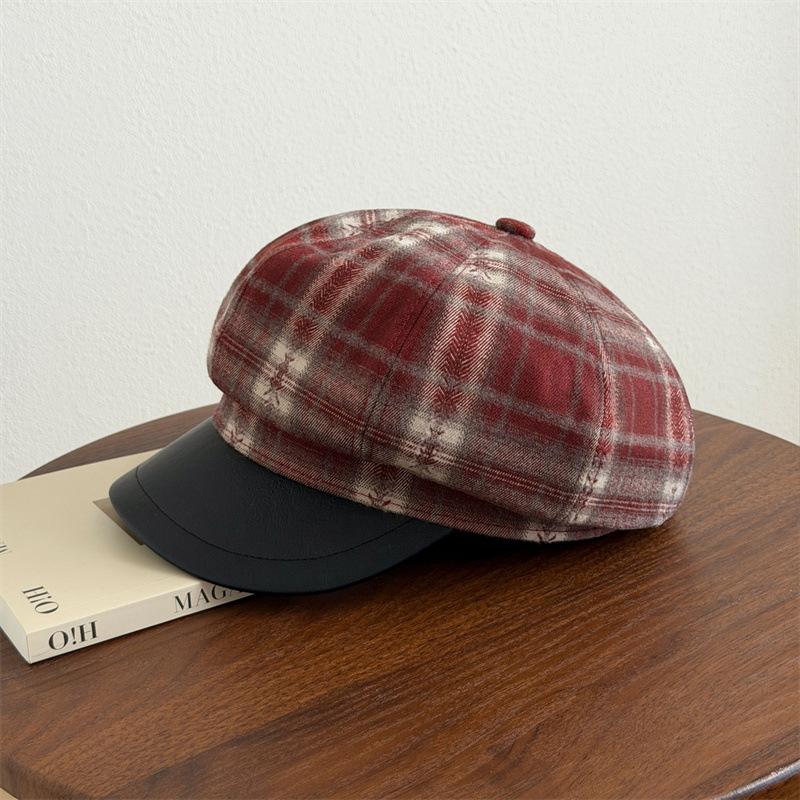 Women S Plaid Octagonal Hat Large Head Circumference Vintage Style Autumn Winter Cap