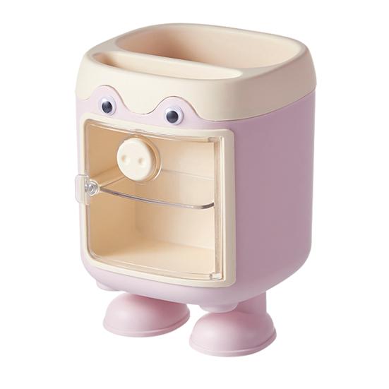 Cute Cartoon Pig Pen Holder Multi-Grid Desk Organizer with Drawer Multi-functional Cosmetic Makeup Brush Holder for Home Office School Supplies