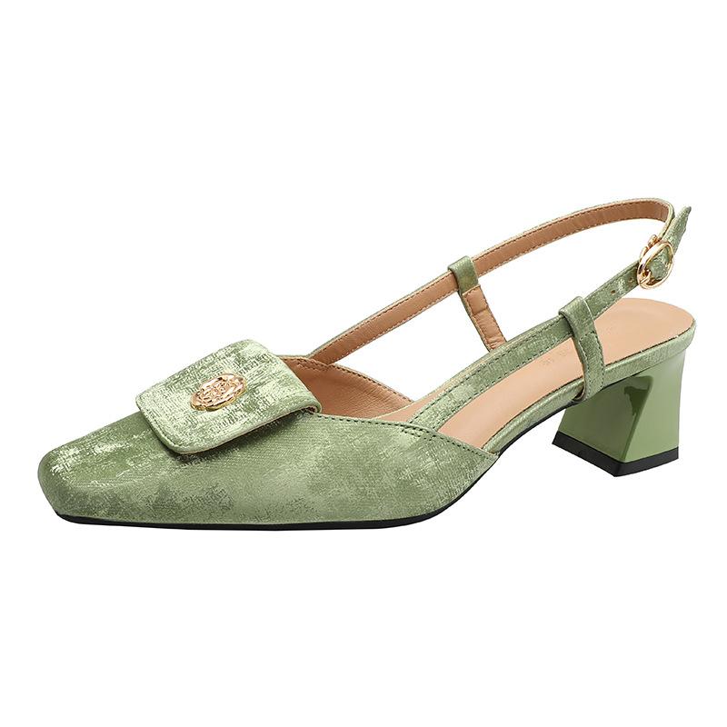 Baotou sandals women's new medium thick heel empty single shoes silver one-word buckle with square head high heels