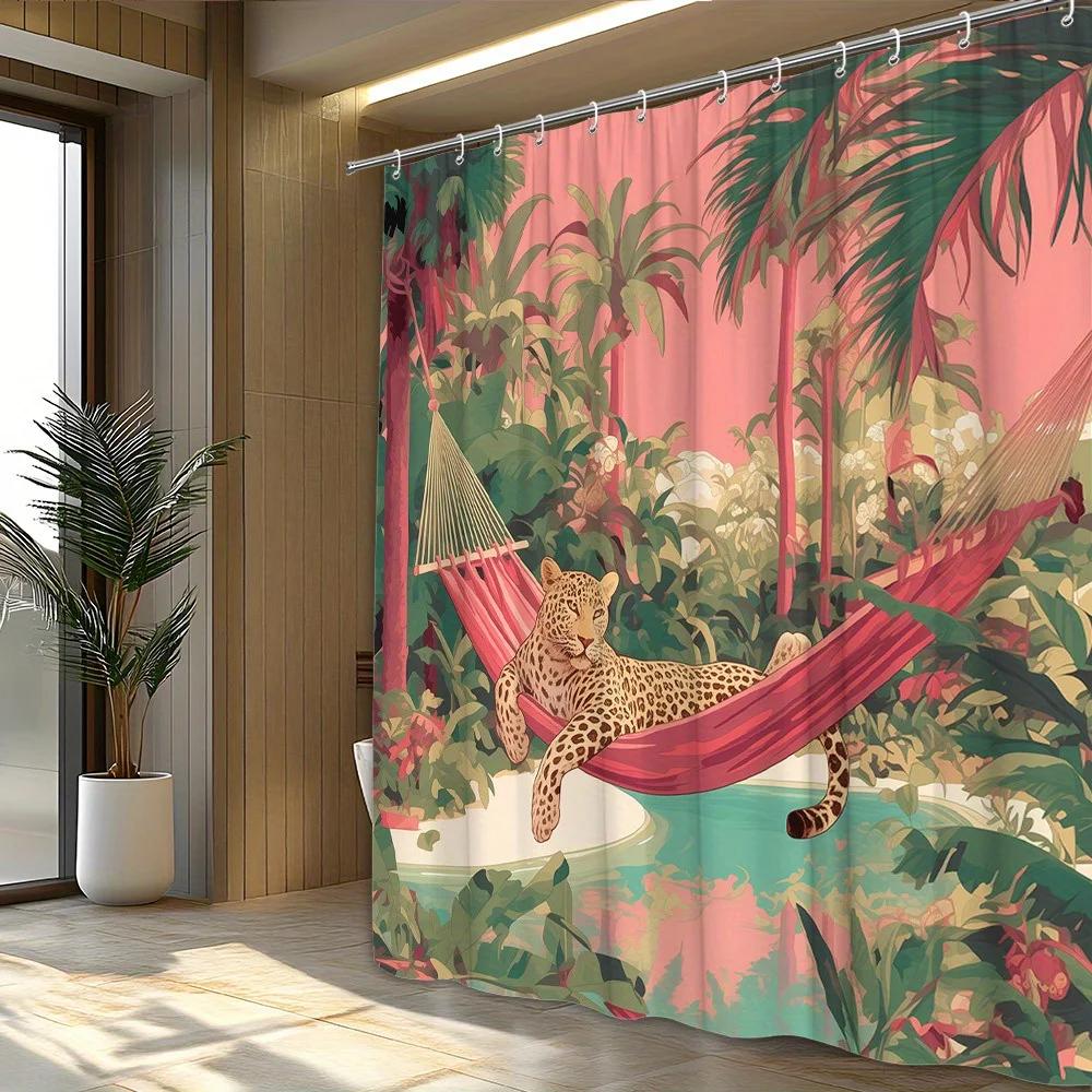 1pc Tropical Jungle Shower Curtain with Golden Leopard In Red Hammock - Vibrant Polyester Fabric 70x70 Inches, Includes 12 Hooks
