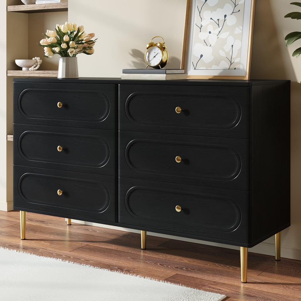 Sideboard, Kommode mit 6 Schubladen, Ovale Aussparungen, Metallfüße, Moderner Aufbewahrungsschrank für das Wohnzimmer