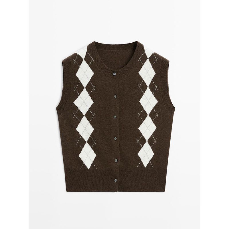 MD Women clothes American Preppy Diamond Plaid Retro round Neck Sleeveless Knit cardigan Vest 05768593717