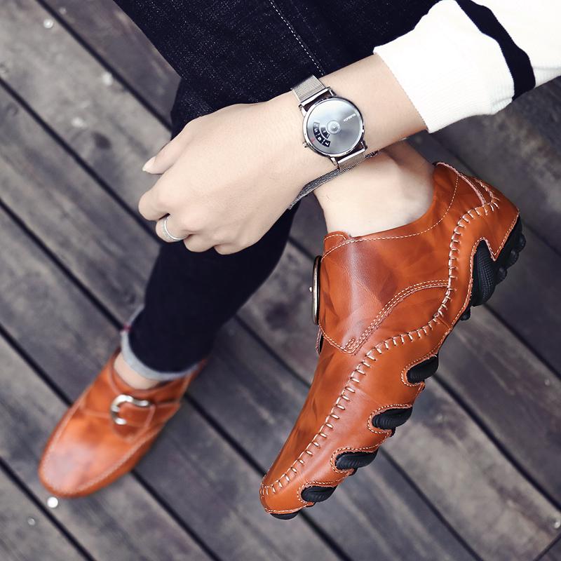 Fashion Fashion Metal Buckle Genuine Leather Loafers Men Brand Luxury Shoes Brown Moccasin Mens Flat Non-Slip Driving Shoes Slip-On Shoe