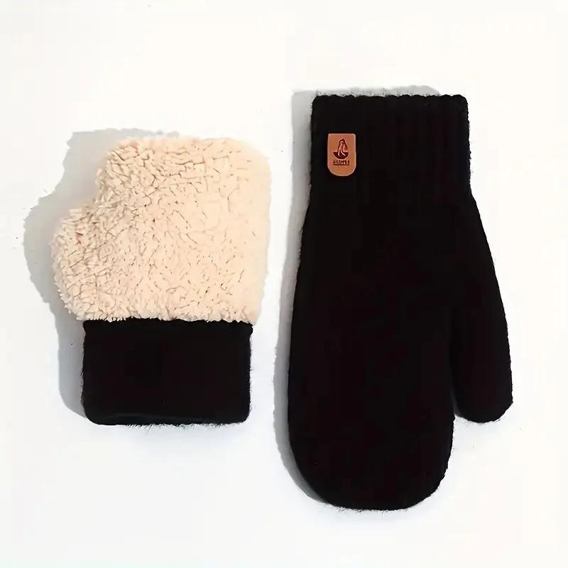 

Fleece-lined And Thickened Women s Double- Warm Knitted Gloves With Fingerless Mittens One Size чёрный