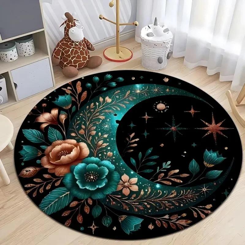 Celestial Moon Star Pattern Round Door Mat for Kids Room Decor Mystical Design Floor Mat Adding Dreamy Space Charm