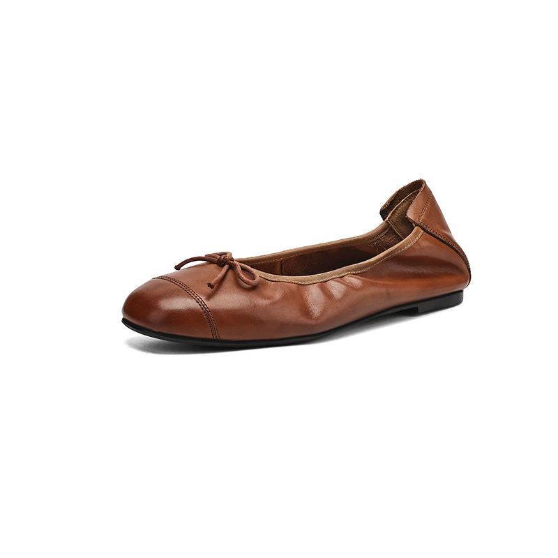 Sheepskin Retro Red Bow Ballet Flats - Women's Low-Cut Slip-On Square Toe Shoes