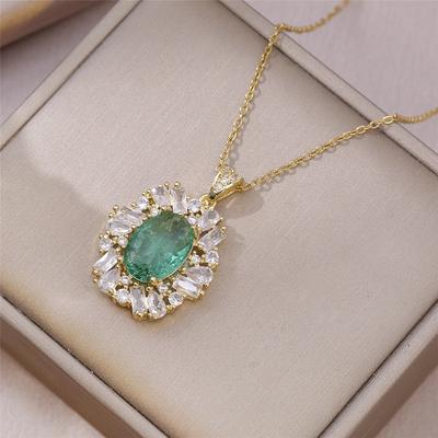 Luxus Damen Kristall Weiß Grün Stein Anhänger Halskette Vintage Gold Farbe Hochzeit Für Frauen
