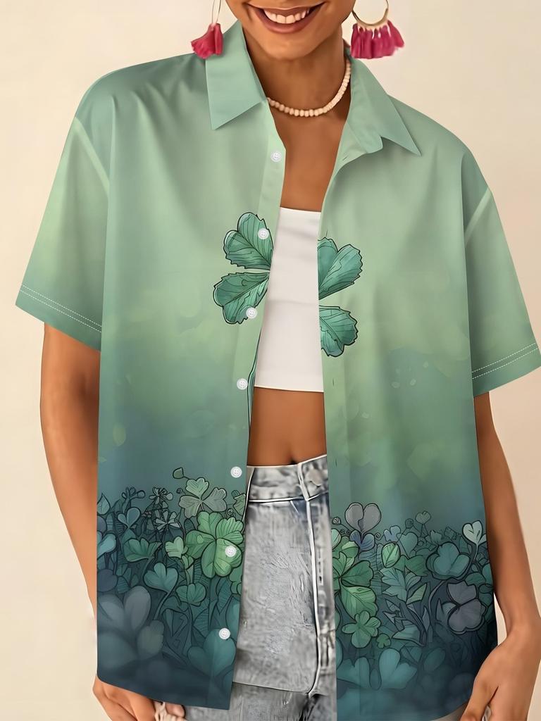 Love printed short-sleeved shirt women's summer loose casual lapel shirt retro niche top