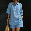 Cotton Linen Set for Women Button Short Sleeve Shirt And Wide Leg Shorts 2 Piece Outfit Summer Casual Beach Lounge Sets