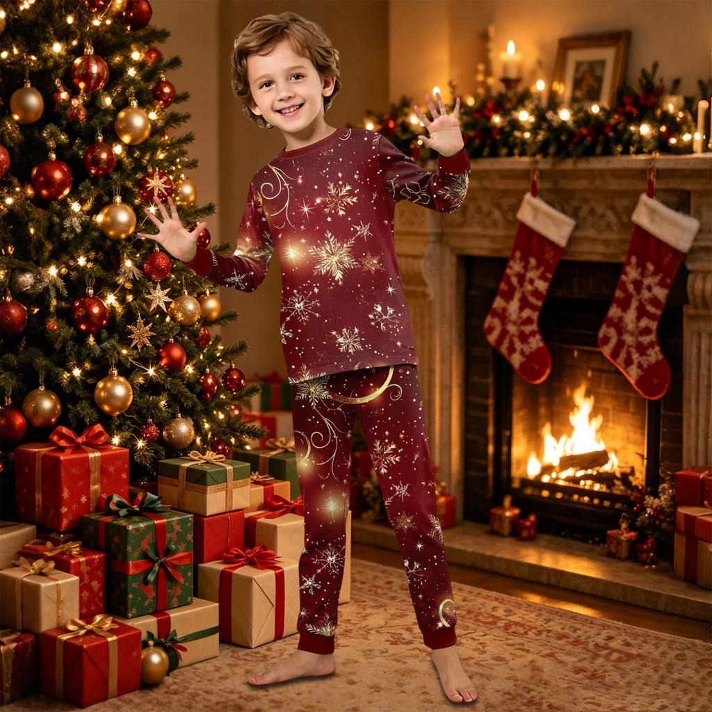 Christmas Printed Family Matching Long Sleeve Neck Loungewear Set for Parents and Kids