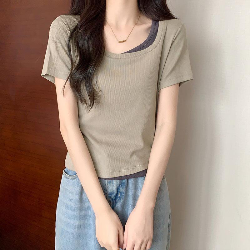 Slimming Clavicle Right Shoulder Design Fake Two-piece T-shirt Women's Short-sleeved Summer 2024 Super Hot Style Chic Hot Girl Top