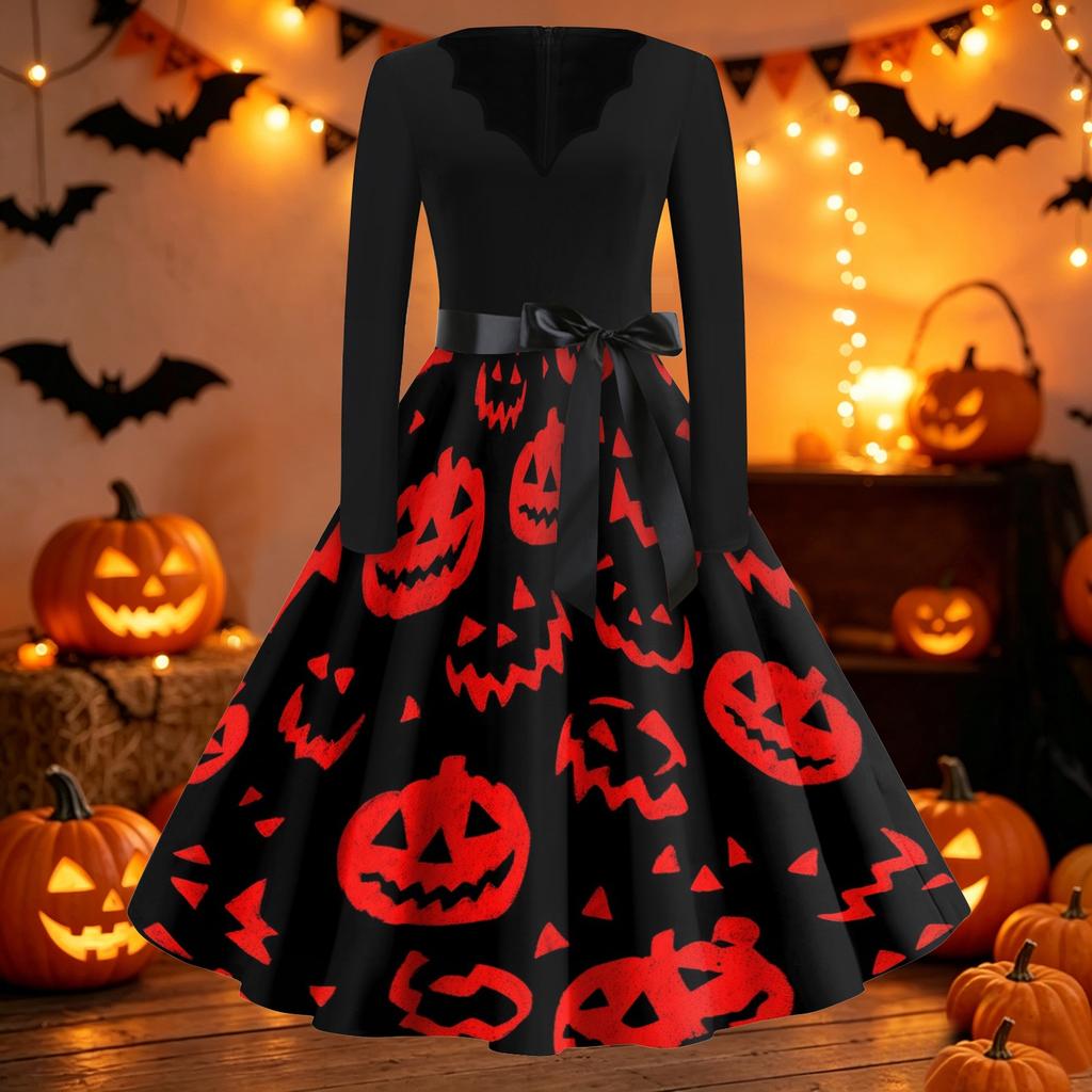 Women's Vintage Halloween Dress V Neck Long Sleeve Casual Retro Style Bat Print Swing Skirt Dress with Waist Tie Belt