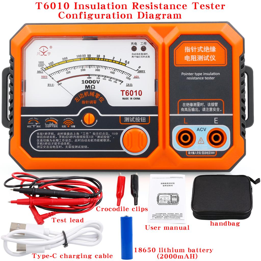T6005 USB Rechargeable 500V Analog Insulation Resistance Tester T6010 Megaohmmeter