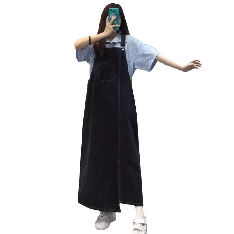 Autumn Women's Retro Loose-Fit Denim Overall Dress with Irregular Slit