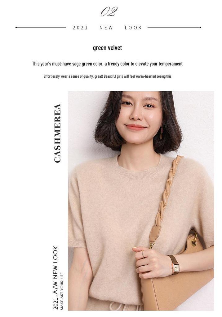 Women's Cashmere Knitwear: 2023 Autumn/Winter Loose Fit, Round Neck, Half Sleeve, Solid Color Base Layer.