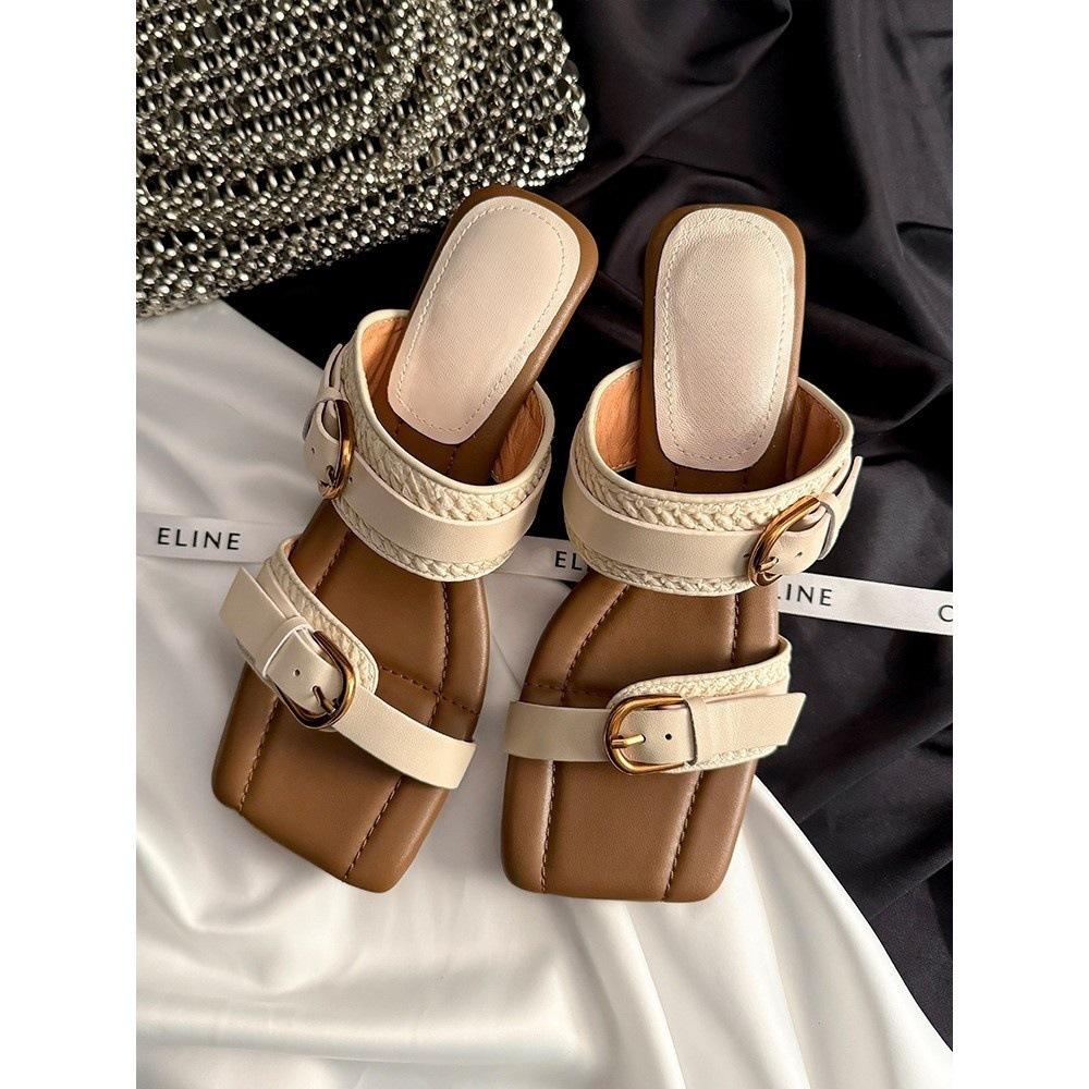 Strandurlaub~ Gürtelschnalle Stroh High Heels Tragen Keilabsatz Ein-Wort Cool Pantoletten Frauen