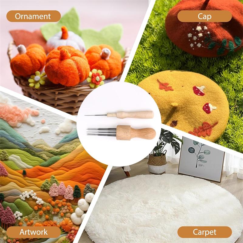 Sada nástrojů na plstění vlny 3 velikosti jehel na plstění 2 dřevěné rukojeti 2 sada postýlek na prsty