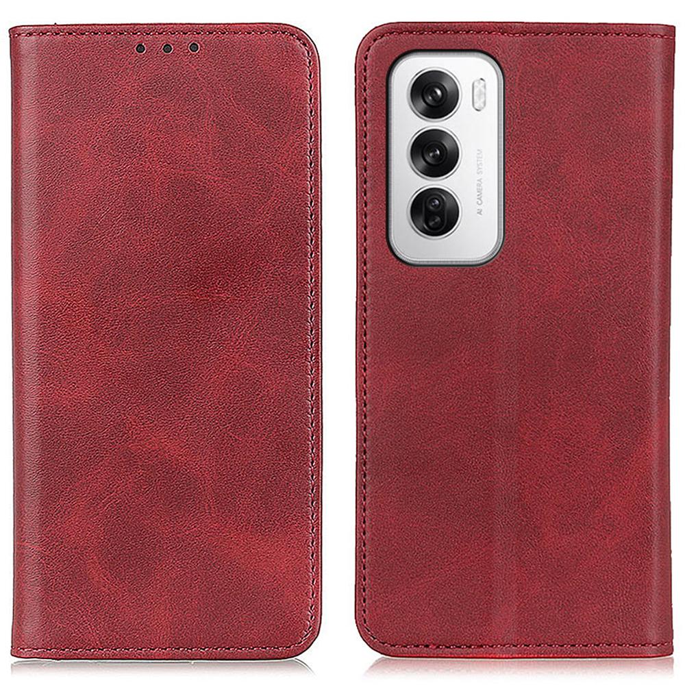

For Oppo Reno12 5G (Global) Case Cowhide Texture Split Leather Wallet Phone Cover with Stand Red