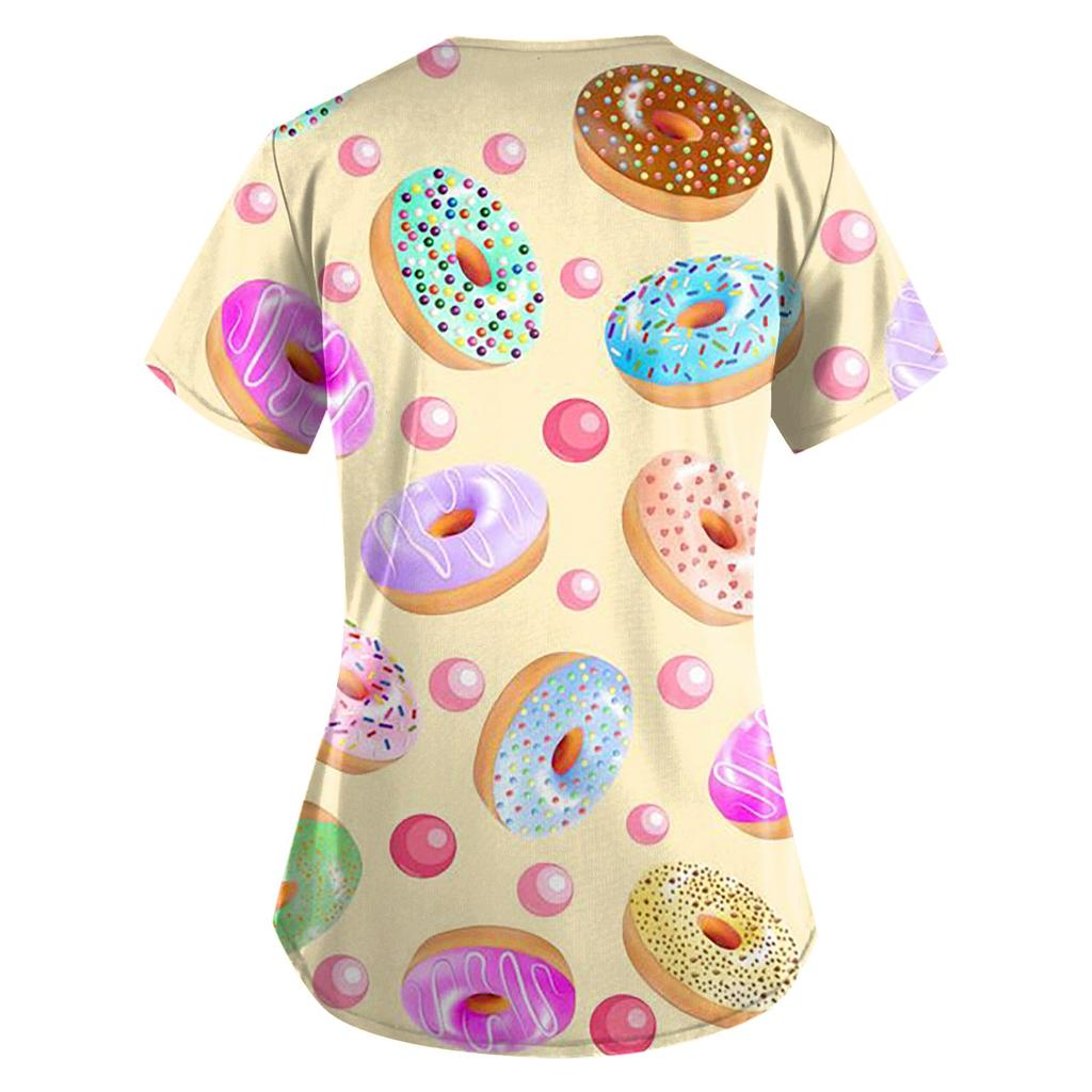 Plus Size Printed Scrub Working Uniform Tops For Women's V-Neck Short Sleeve Fun T-Shirts Workwear Tee With Pockets