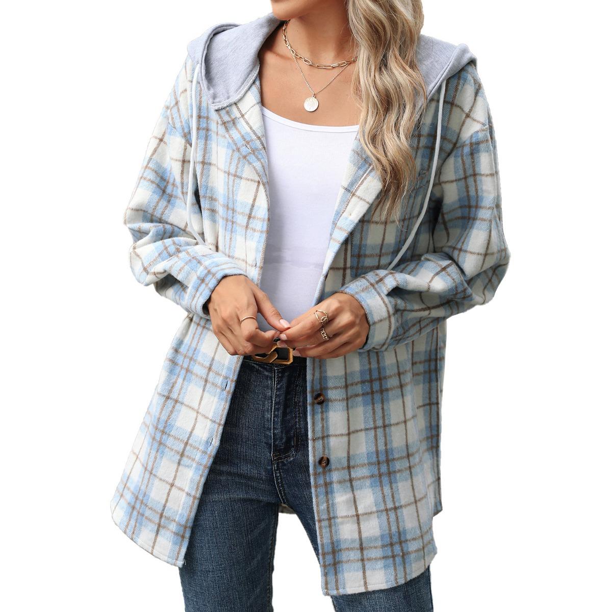 

Fall Winter Women s Plaid Color Block Hooded Long Sleeve Loose Wool Coat S синий