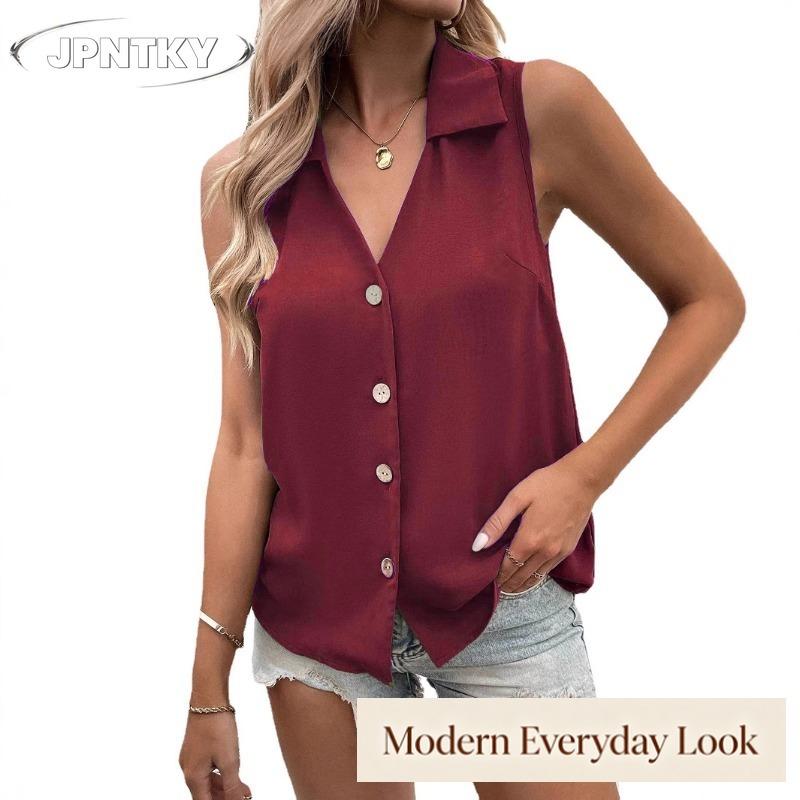 QICED Women's Fashion Casual Solid Color Print V-Neck Sleeveless Blouses & Shirts