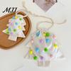 Christmas Tree Hanging Ornaments Drawstring Gift Bag, Plush Pom Bell Party Containers Ornament, Reusable Candy Pouch Decor for Holiday Door