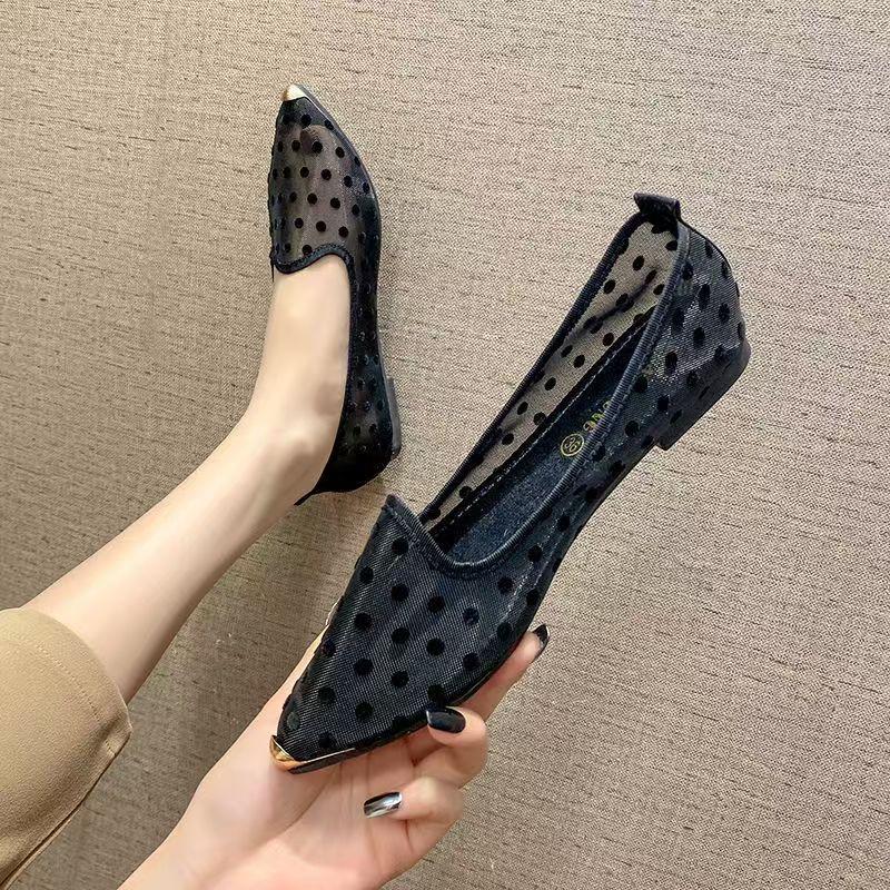 Neue Damen Sommer Flache Sohle Gepunktetes Netzschuhe Weiche Sohle Rutschfest Flach zum Hineinschlüpfen Spitze Zehe Nude Schuhe Ballerinas