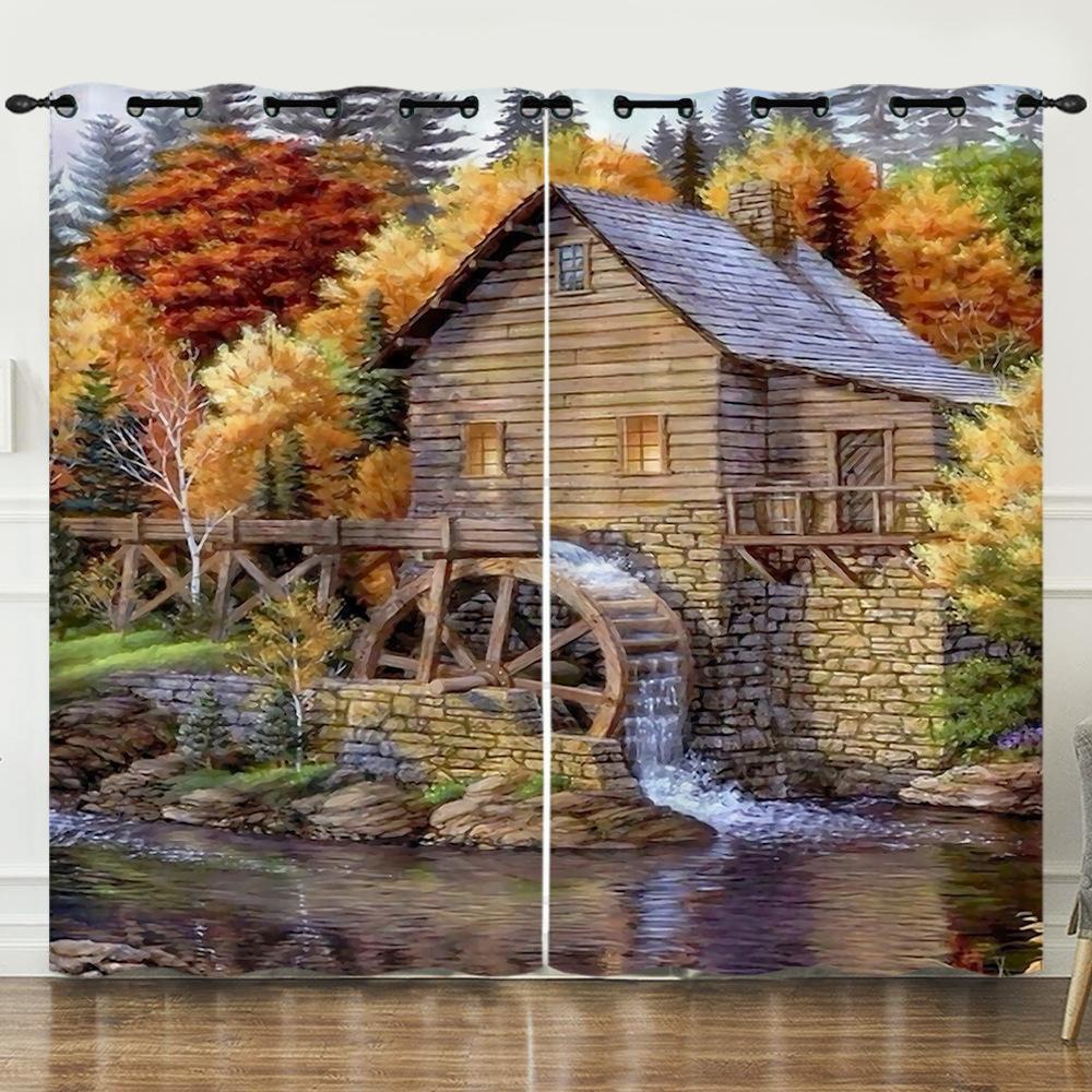 Curtain Oil Painting Landscape Firefly 3D Digital Printing Blackout Curtain Punching