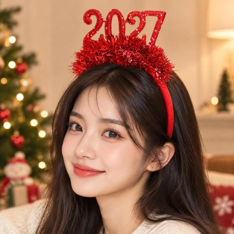 Christmas Hair Accessory Metallic Fringe and 2027 Numerals Headdress for Party Outfits, Holiday Photos, and Gift Exchanges
