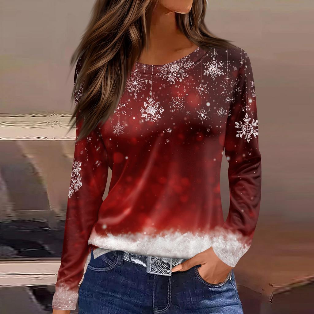 Women's Fashion Casual Slit Hem Round Neck Long Sleeve Loose Printed T-Shirt Ladies Top Christmas