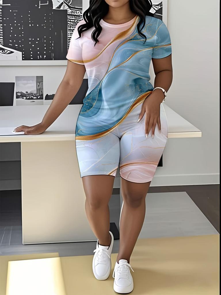 Abstract code European and American women's clothing butterfly printing T-shirt shorts set sports suit