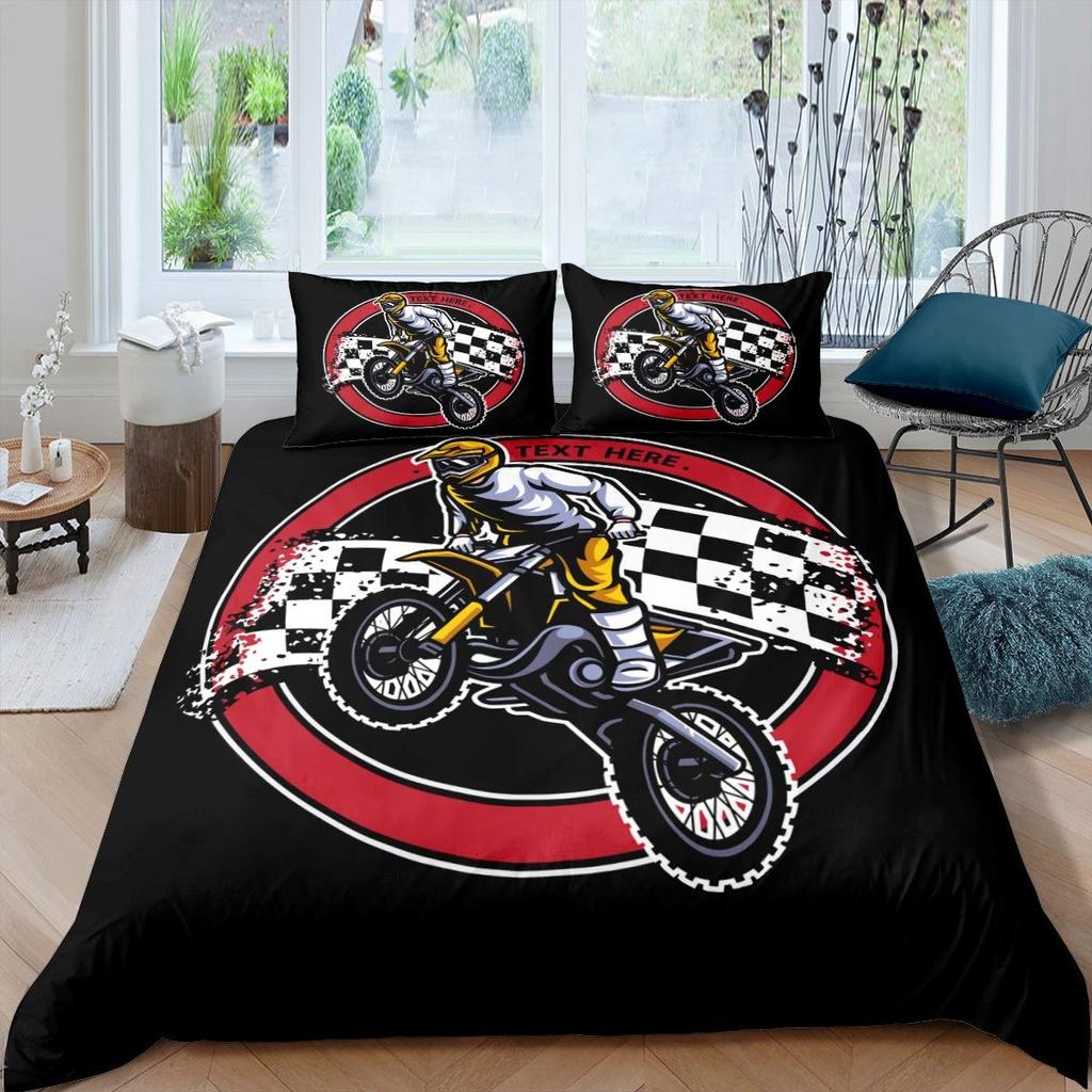 Three-Dimensional Motocross Rider Bed Cover Kit Gentle Microfiber Fabric Red Black Dirt Bike Extreme Sports Theme Motorcycle Pattern Style Bed