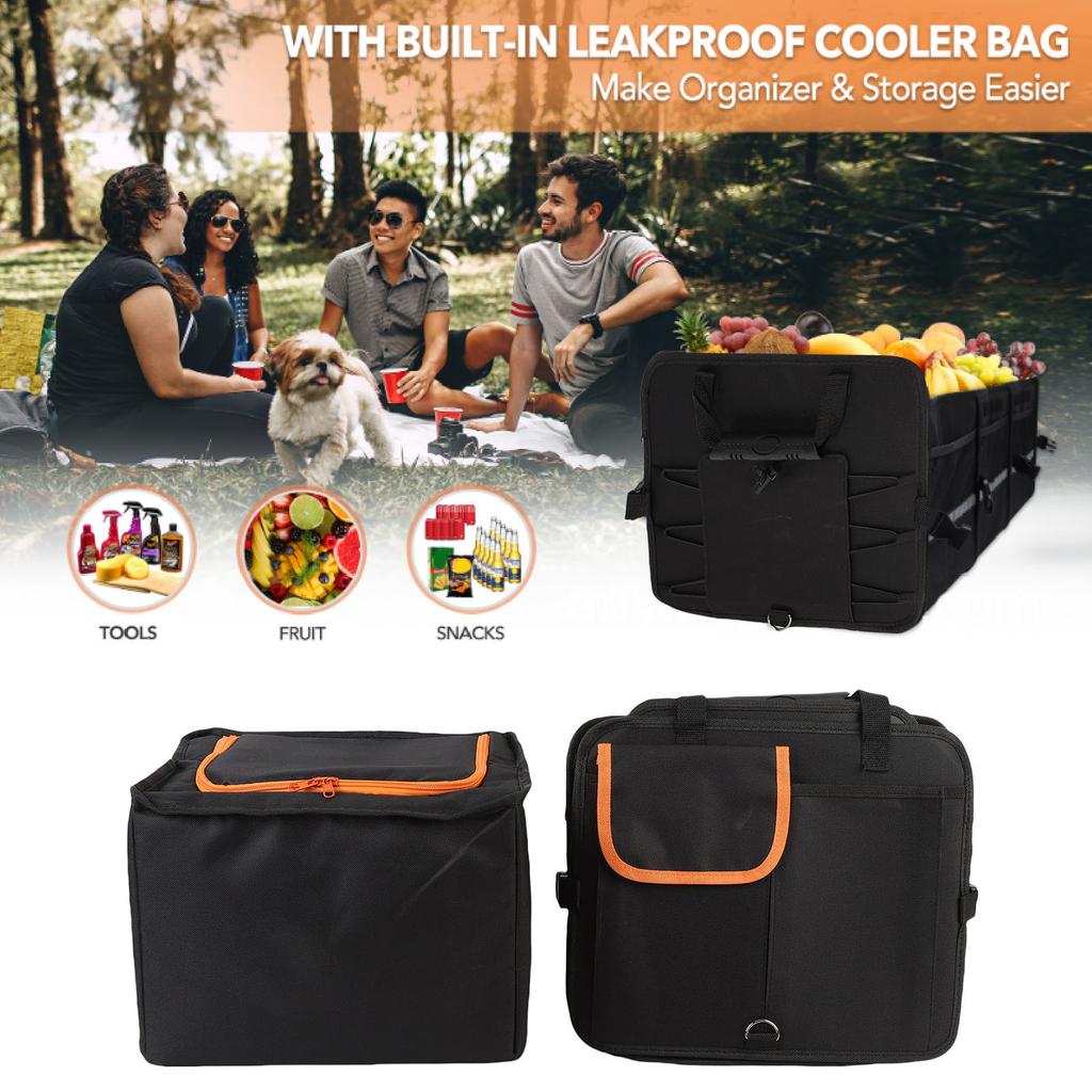 Large Trunk Organizer 105L Multi Compartment Car Organizer with Leakproof Cooler Bag Removable Dividers Foldable Cover for Camping
