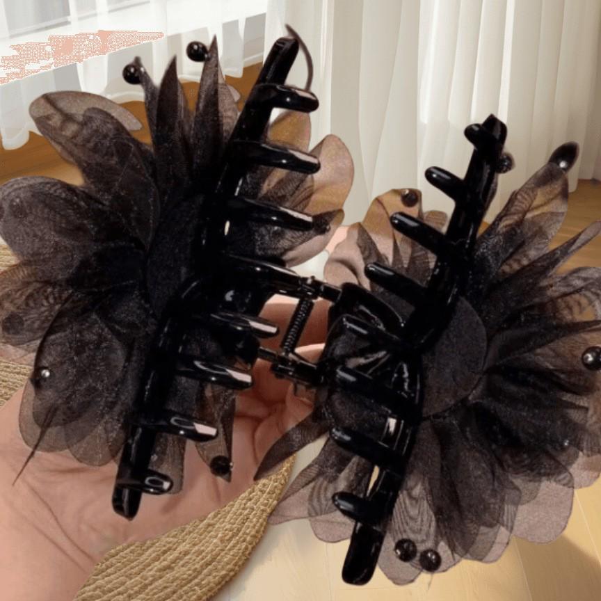 Elegant Black Coffee Peony Feather Claw Clip - Lightweight, Stylish, Versatile, and Beaded Fashion Accessory