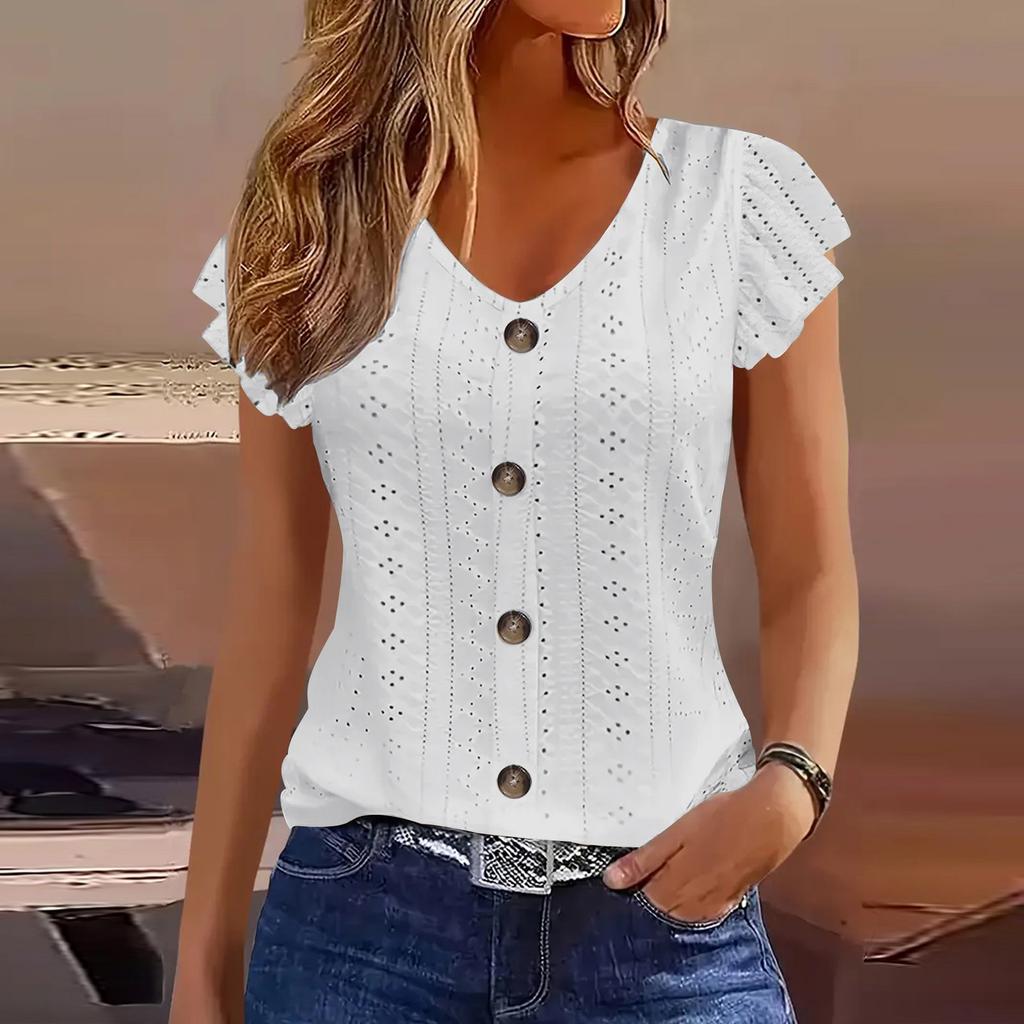 Women Summer  Top Eyelet Vacation Short Sleeve V Neck Loose Fit Shirt Spring Fashion Casual Clothes