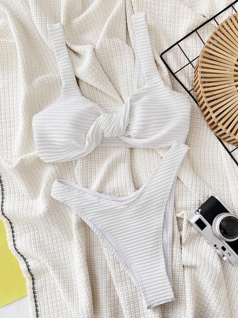 Women's Swimsuit Solid Color Pit Stripe Sexy Backless High Waist Bikini Suit Beachwear Bathing Suits
