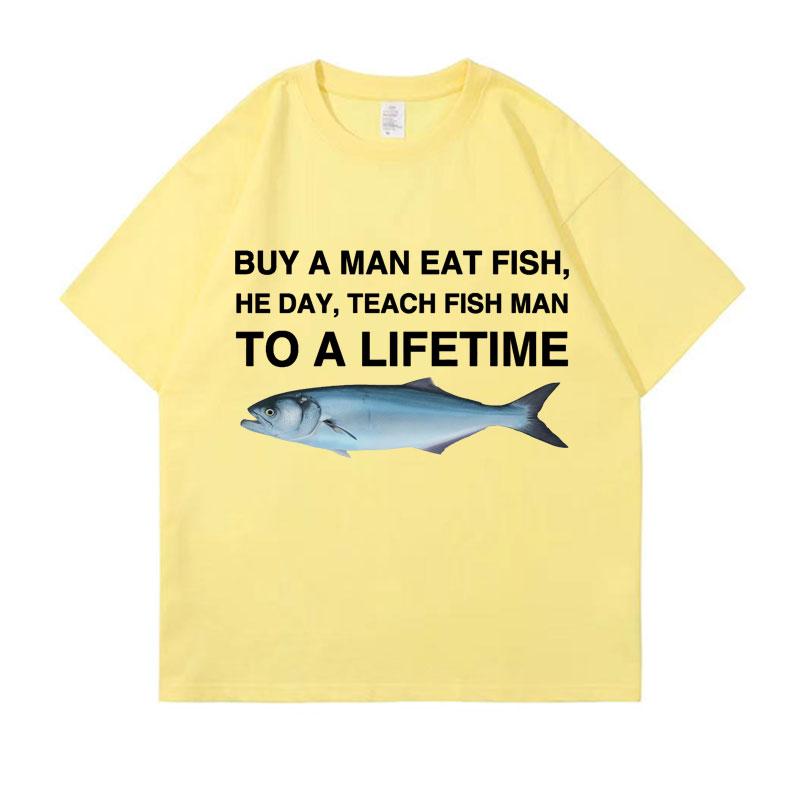 

Купить футболку с забавным мемом «Человек ест рыбу, он учит рыбу всю жизнь», повседневную футболку унисекс из хлопка, женские футболки из хлопка большого размера XXL жёлтый