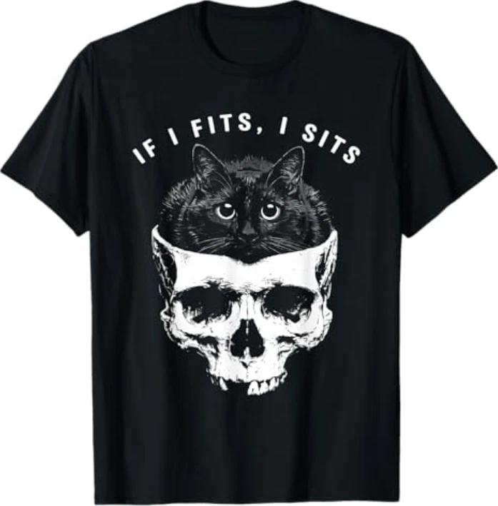 If I Fits I Sits Black Cat Skull Gothic Dark Humor Tshirt S