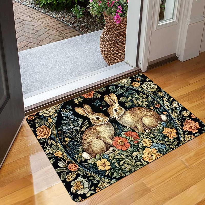 Retro Kunstdruck Doppelter Hase Blühender Teppich Eingangstürmatte Rustikaler Heimdekorativer Teppich