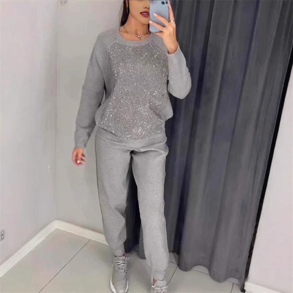 Women's sets Plus Size Solid Color Long Sleeve Crew Tie Pockets Rhinestone Sweatshirt Pants Set of 2