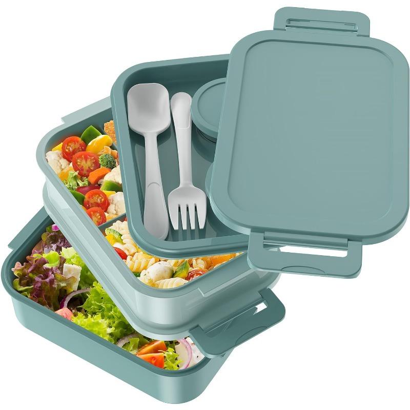 

72 унции, 3-слойный большой ланч-бокс «Все в одном», герметичный, с контейнерами для соуса и заправки, для еды вне дома, на работе, зеленый United States