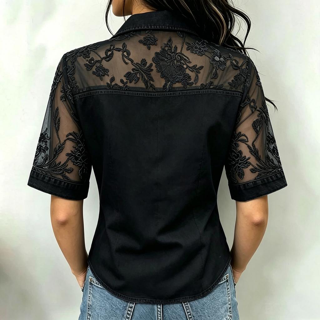Women's Casual Lace Trim Blouse with Collar, Loose Fit Long Sleeve Shirt